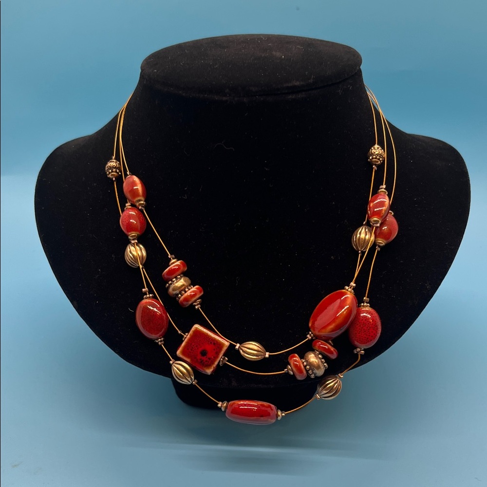 #0116.   Chico's Red and Gold Multi-Strand Necklace